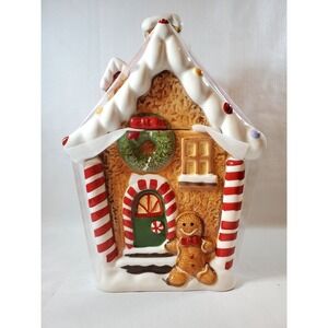 Gingerbread‎ House Ceramic Christmas Cookie Jar Candy Cane Holiday Decor